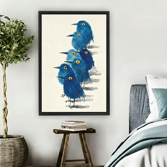 Ink wash stacked blue birds framed canvas bedroom wall art beside wooden stool folk art print