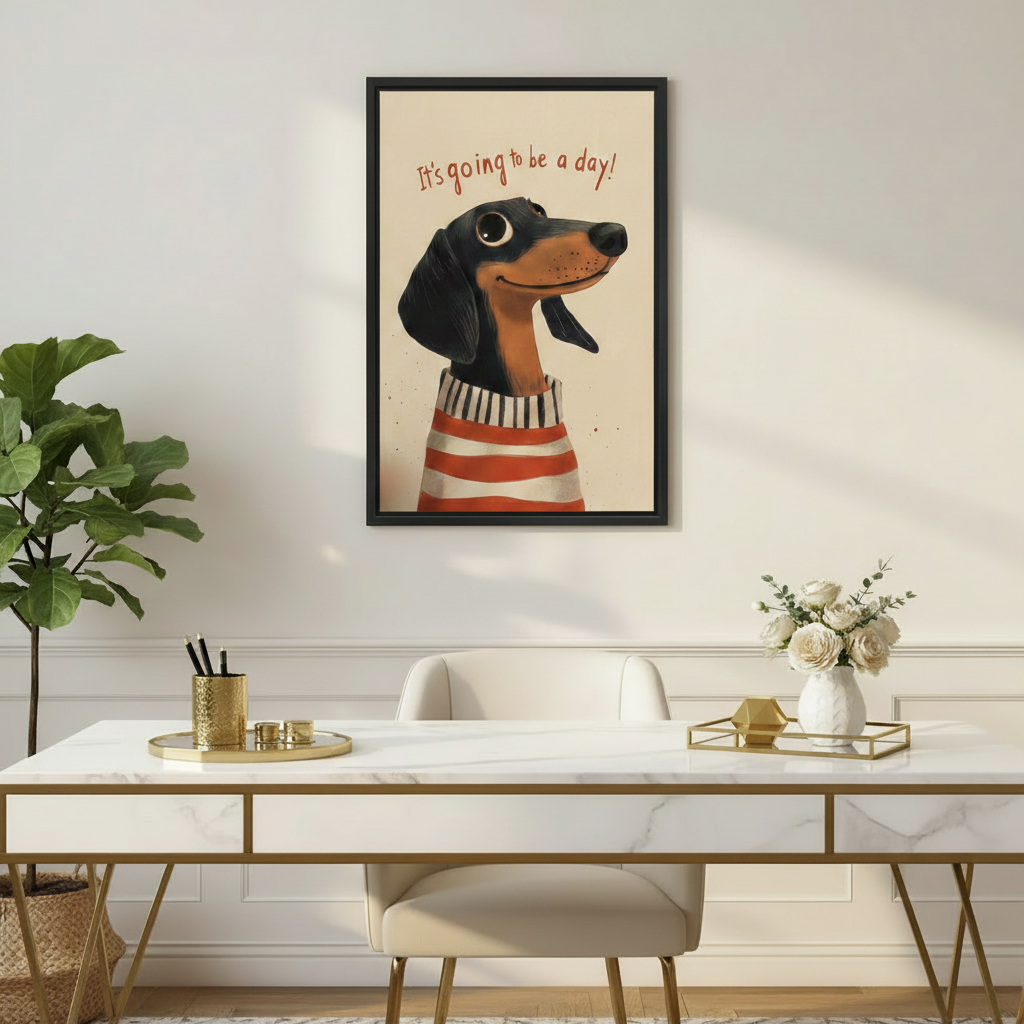Humorous dachshund in striped sweater framed canvas print displayed above a marble and gold home office desk, featuring the It's Going to Be a Day quote with a smiling cartoon dog portrait
