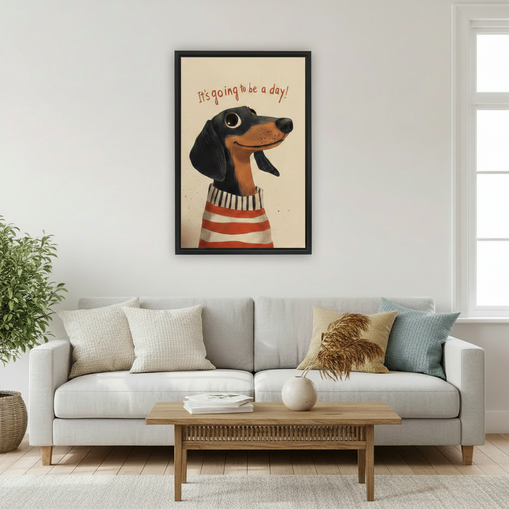 Black framed funny dachshund wall art with It's Going to Be a Day quote hung above a light grey sofa in a bright Scandinavian living room with a wooden coffee table and neutral cushions