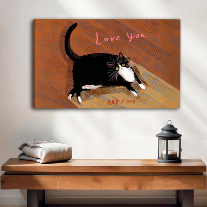 Black and white cat Love You and Food gallery wrap canvas art without frame above wooden console table with lantern
