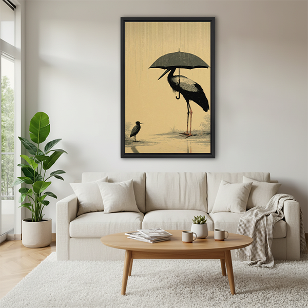Alt Text: Japanese crane umbrella rain canvas wall art displayed above a cream living room sofa