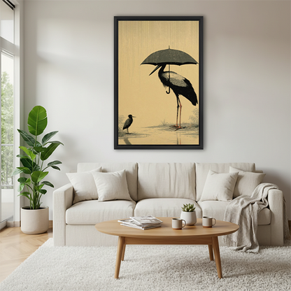 Alt Text: Japanese crane umbrella rain canvas wall art displayed above a cream living room sofa