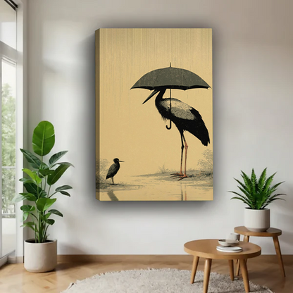 Japanese crane umbrella rain canvas wall art on a frameless gallery-wrapped canvas
