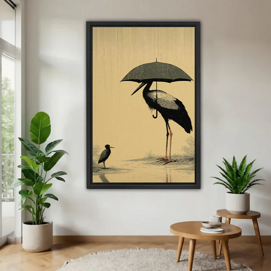 Japanese crane umbrella rain canvas wall art framed on a green living room wall with plants