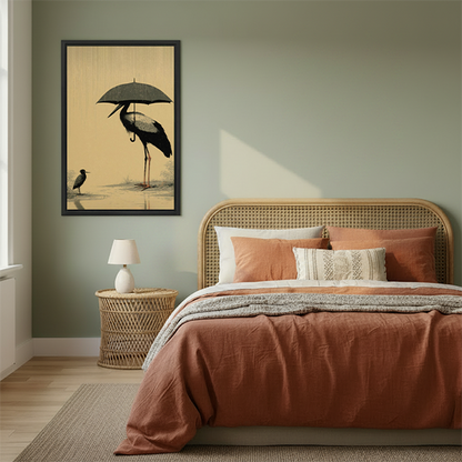 Japanese crane umbrella rain canvas wall art framed above a rattan nightstand in a terracotta bedroom