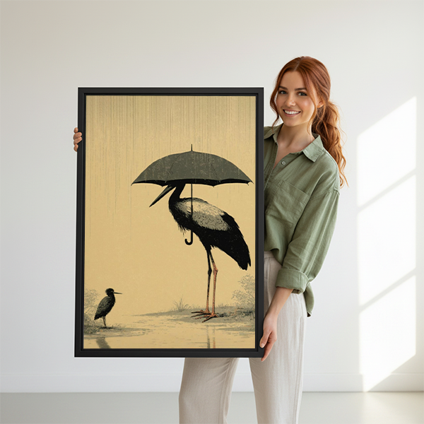  Woman holding a framed Japanese crane umbrella rain canvas wall art print