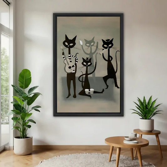 Framed retro jazz cat band canvas wall art with five black cats playing music hanging in a bright living room flanked by two green plants