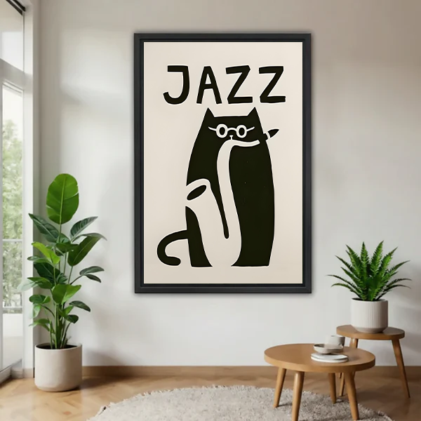 Black-framed jazz cat canvas wall art featuring a saxophone and bold lettering displayed between indoor plants.