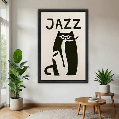 Black-framed jazz cat canvas wall art featuring a saxophone and bold lettering displayed between indoor plants.