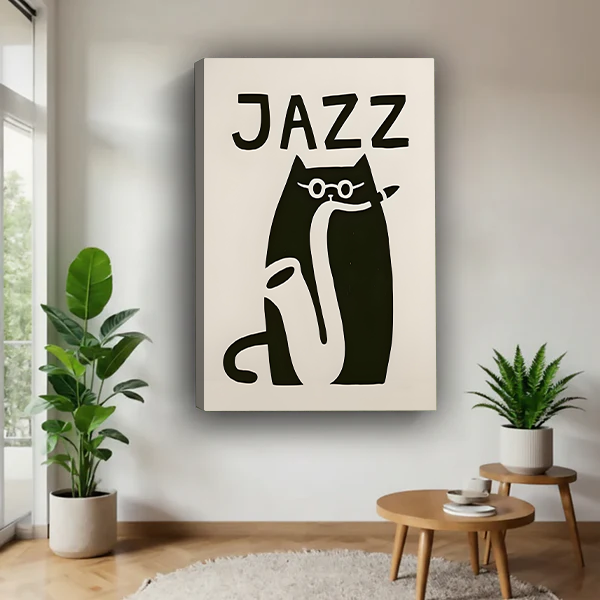 Minimalist jazz cat canvas wall art in black and cream displayed in a black frame above a light sofa.