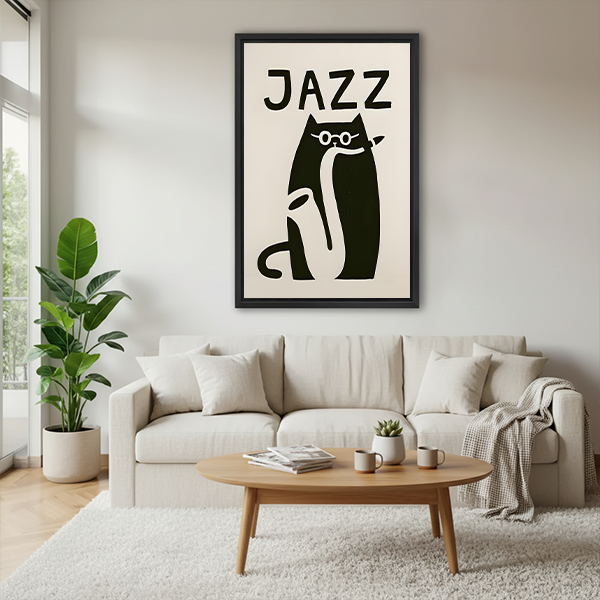 Unframed jazz cat canvas wall art with bold JAZZ typography and a black cat silhouette between potted plants.