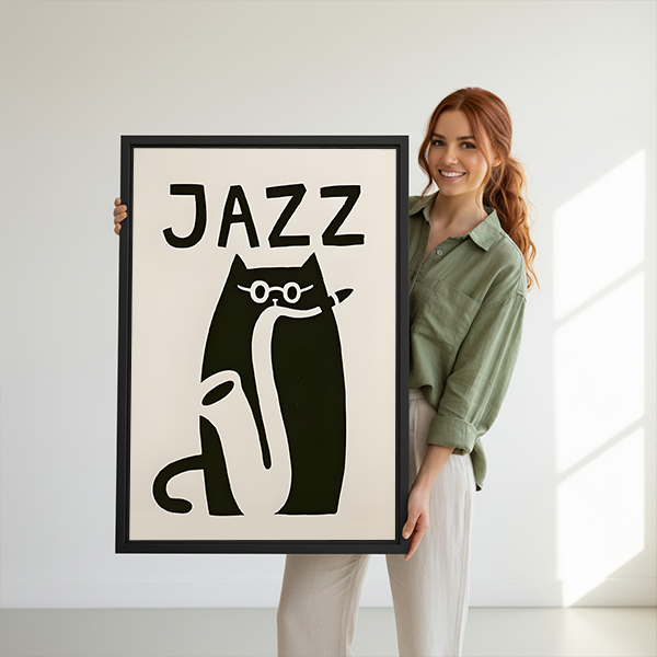 Woman holding black-framed jazz cat canvas wall art showing a bespectacled black cat playing a cream saxophone.