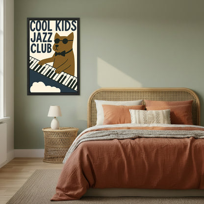 Framed jazz dog canvas wall art in a sage green bedroom