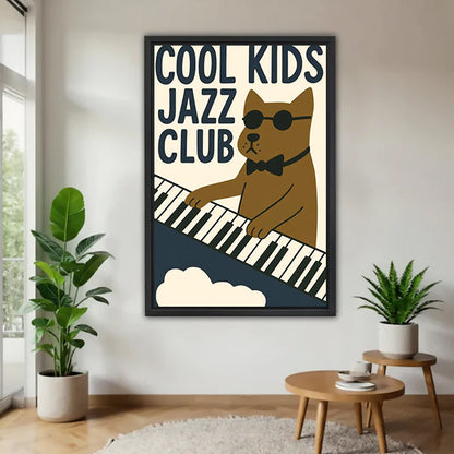Black-framed jazz dog canvas wall art displayed between potted plants.