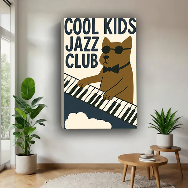 Gallery-wrap jazz dog canvas wall art in a bright corner beside plants