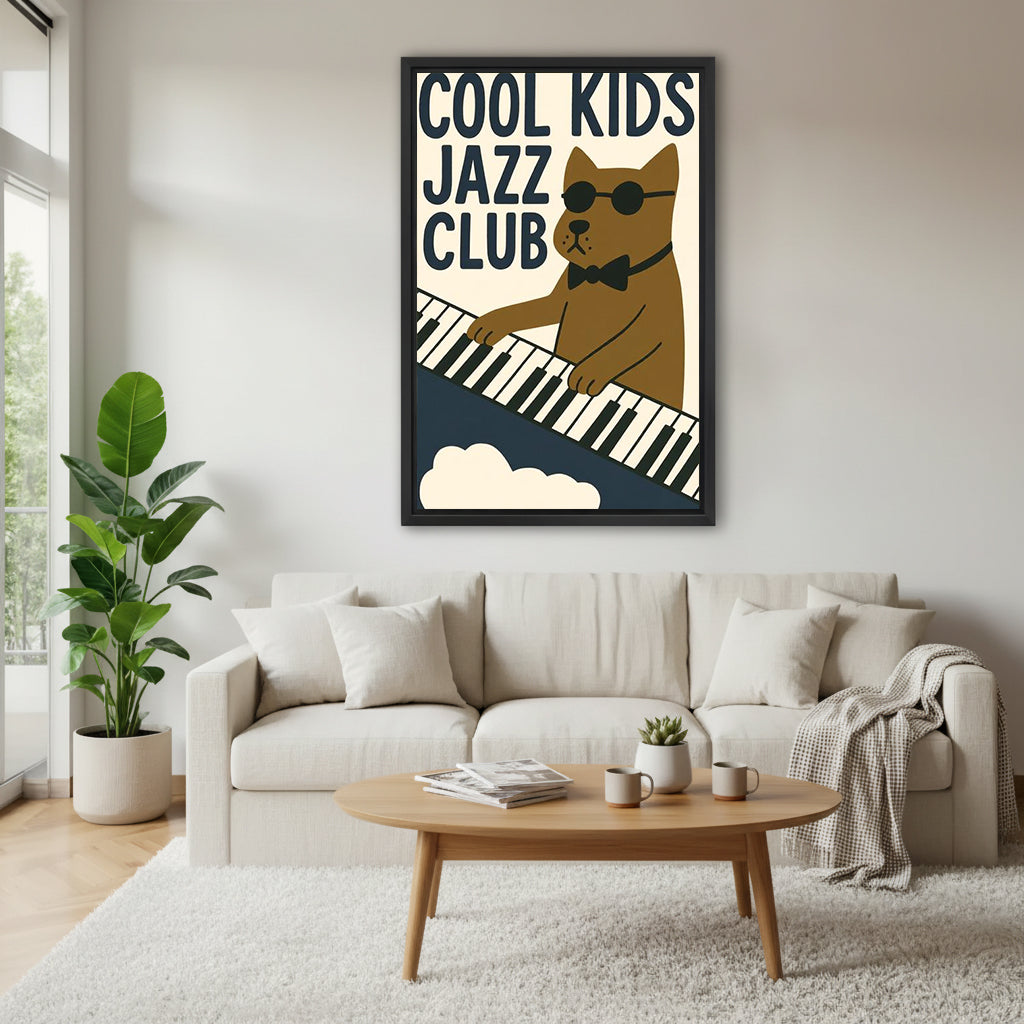 Retro jazz dog canvas wall art above a cream living room sofa
