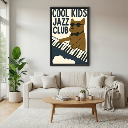 Retro jazz dog canvas wall art above a cream living room sofa
