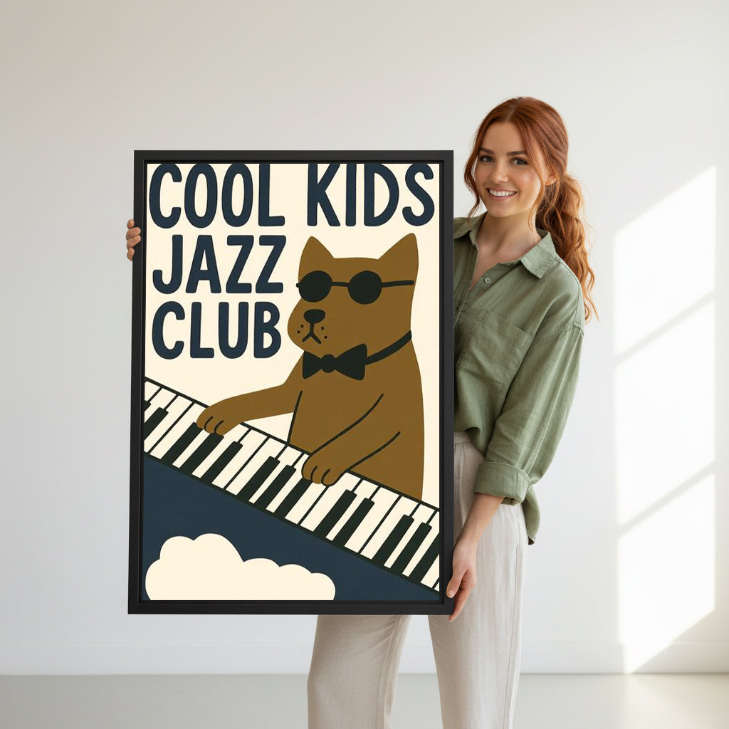 Model holding Cool Kids Jazz Club dog canvas wall art for size reference