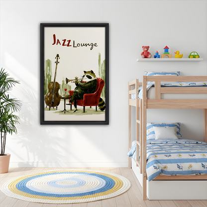 Jazz lounge raccoon framed canvas wall art hung in kids bedroom beside bunk bed, fun music decor