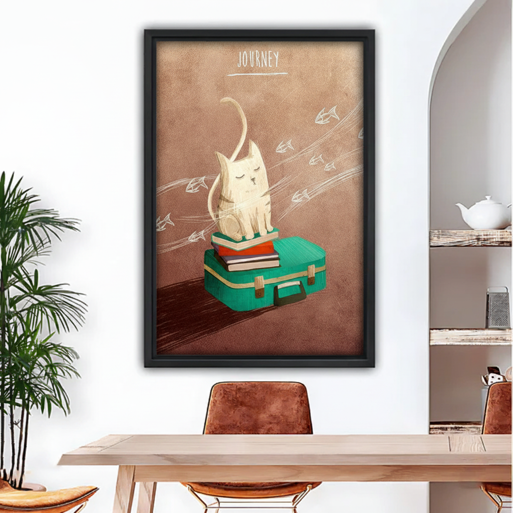 Journey cat whimsical wall art black framed print above dining table, warm amber tones cat lover home decor