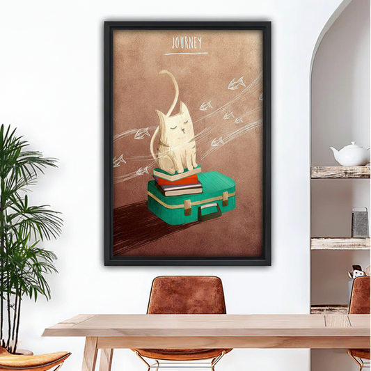 Journey cat whimsical wall art black framed print above dining table, warm amber tones cat lover home decor