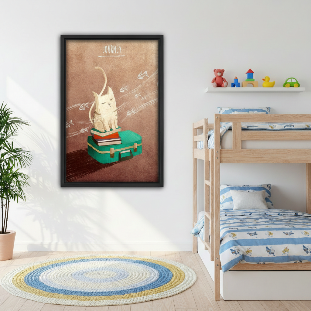 Journey cat dreamy wall art black frame in children's bedroom, whimsical cat print nursery decor bunk bed room