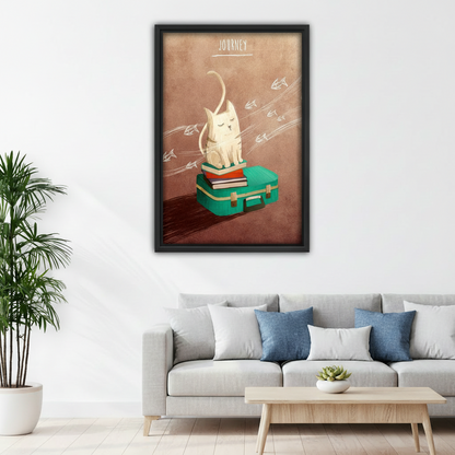 Journey cat framed canvas wall art above gray sofa in modern living room, cat lover travel themed home decor