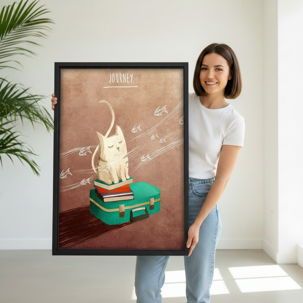 Woman holding Journey cat whimsical framed wall art print, large black frame cat travel illustration size reference