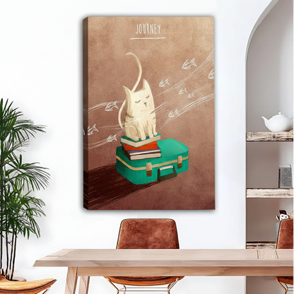 Journey cat illustration gallery wrap canvas print in dining room, frameless teal suitcase cat art warm boho decor