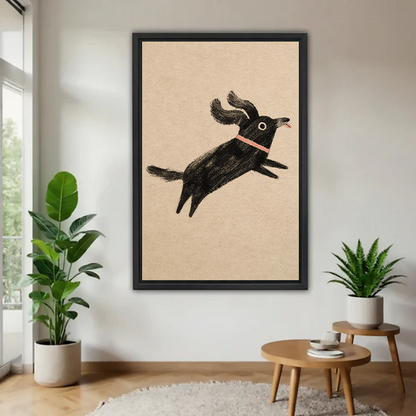 Framed canvas wall art featuring a whimsical jumping black dog with pink collar on beige background, displayed in minimalist living room