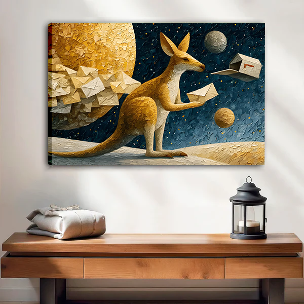 Unframed canvas print of a golden kangaroo with envelopes under a starry night sky, hung above a wooden console table
