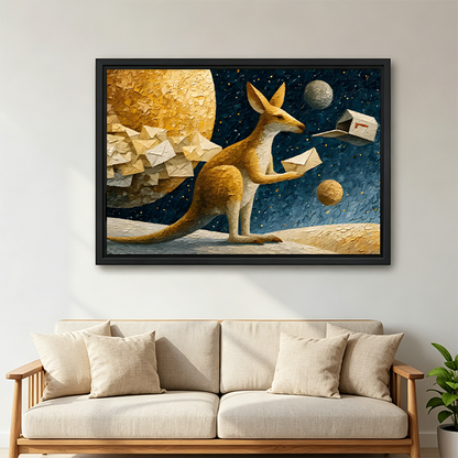 Framed kangaroo cosmic mail canvas art displayed on a white wall above a beige sofa in a modern living room