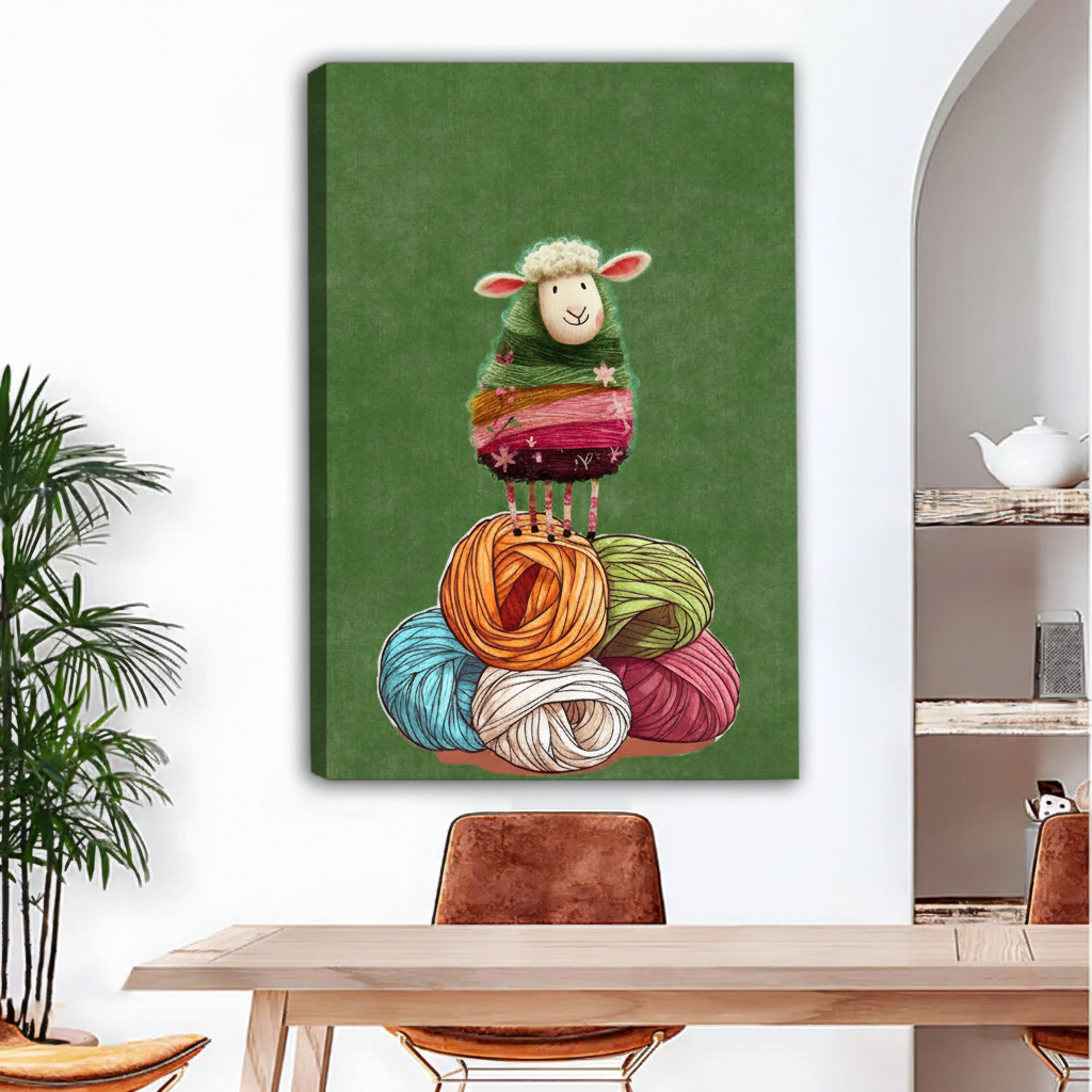 Gallery-wrap knitting sheep canvas art featuring a striped sheep balanced above five colorful yarn balls.