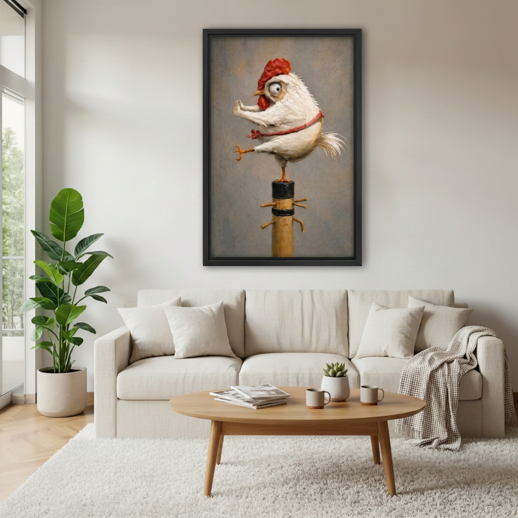 Black-framed kung fu chicken wall art hanging above a cream sofa in a neutral living room with wooden furniture.