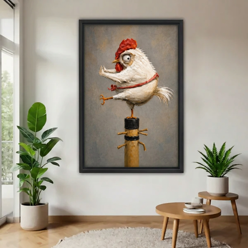 Black-framed kung fu chicken wall art showing a red-belt chicken balancing on a wooden post beside indoor plants.