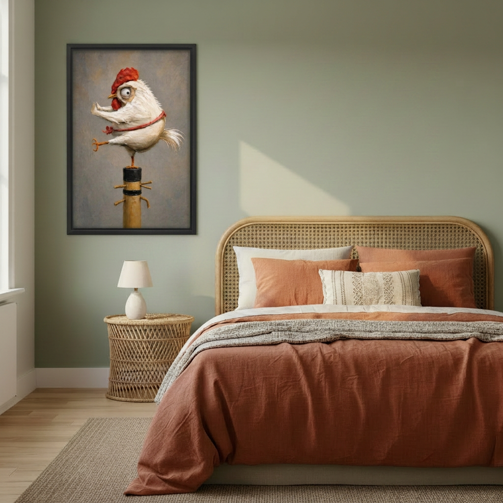 Framed kung fu chicken wall art on a sage green bedroom wall beside a woven headboard and terracotta bedding.