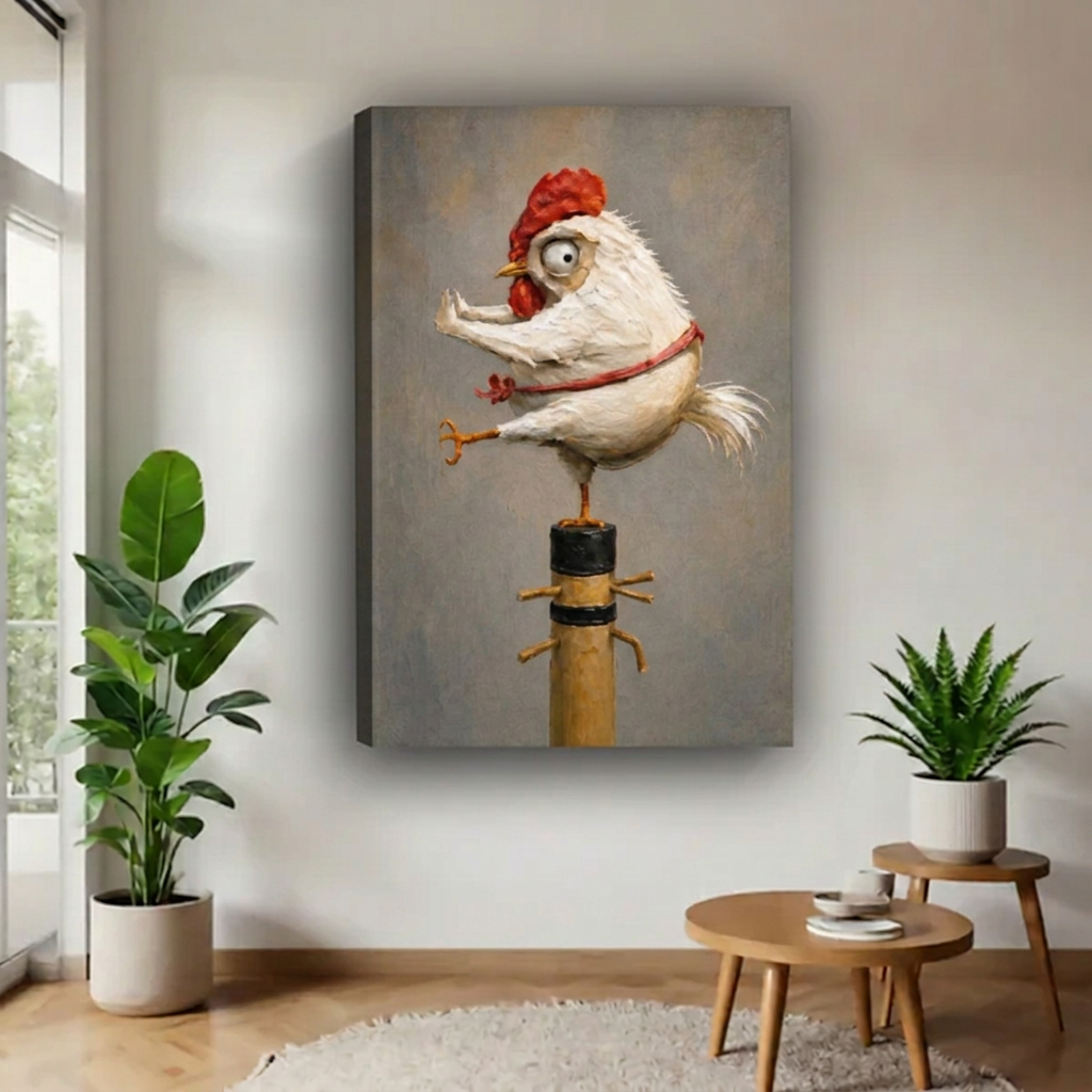  Unframed kung fu chicken wall art displayed beside a bright window, green plants, and round wooden tables.