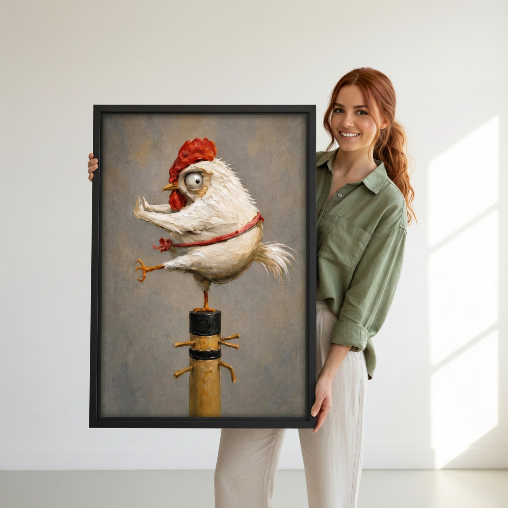 Smiling woman holding black-framed kung fu chicken wall art featuring a white chicken in a playful martial arts pose.
