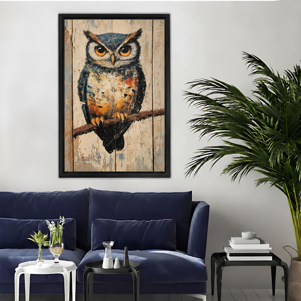 Rustic owl canvas wall art in a black frame above a navy sofa beside a leafy palm.