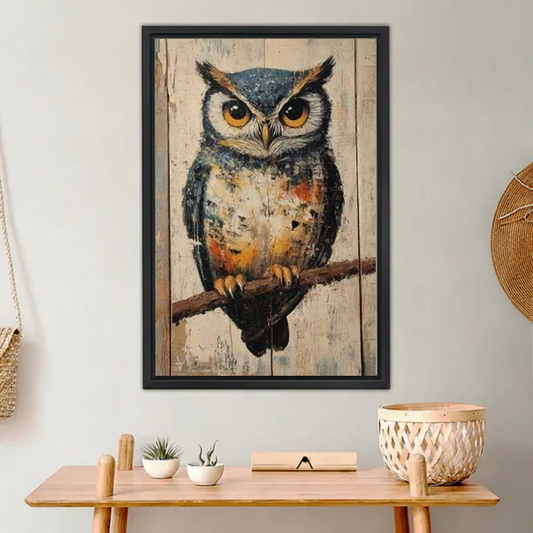 Rustic Owl Canvas Wall Art L6000 — Framed canvas; warm neutral living space