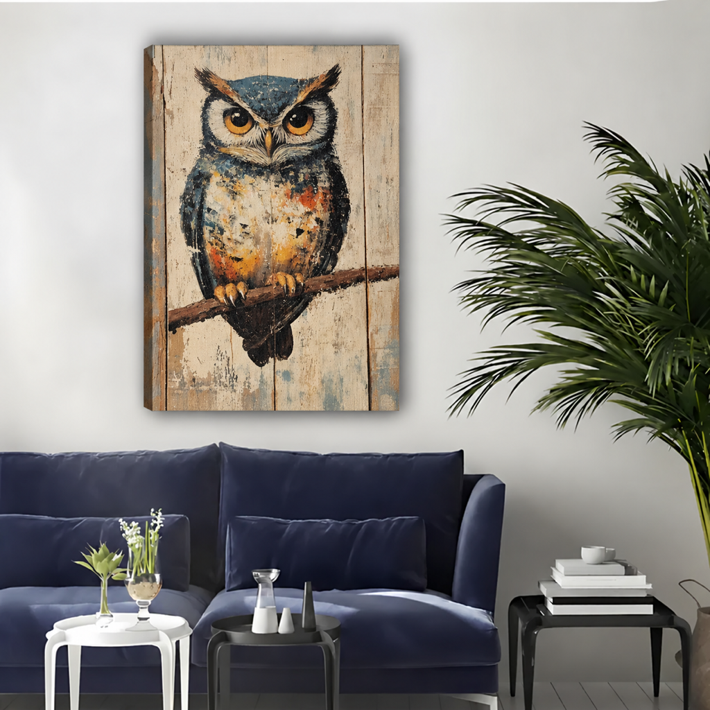 Unframed rustic owl canvas wall art displays amber eyes and weathered textures above a navy sofa.