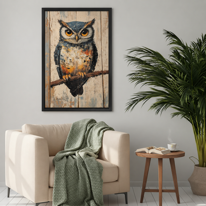 Rustic owl canvas wall art hangs above a cream reading chair with a green knitted throw.