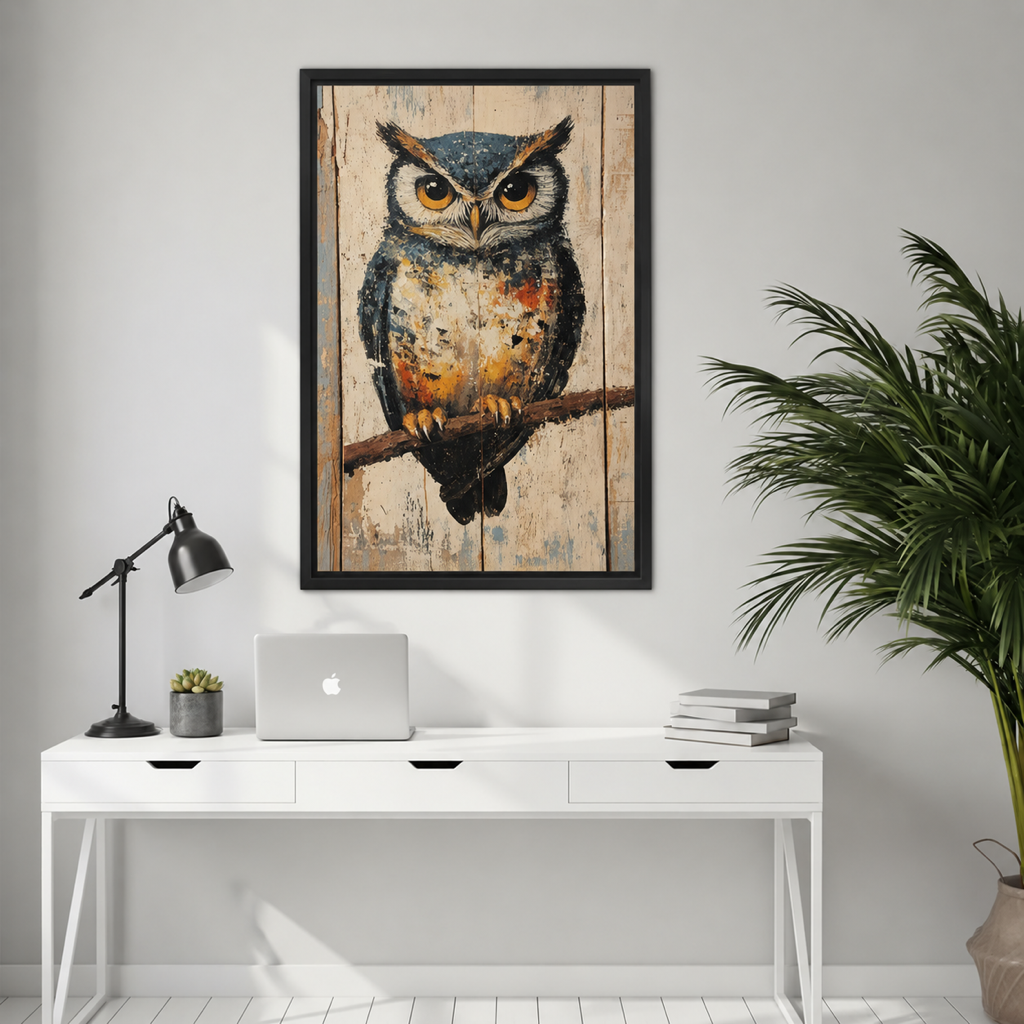 Black framed rustic owl canvas wall art decorates a white desk with books and a task lamp.