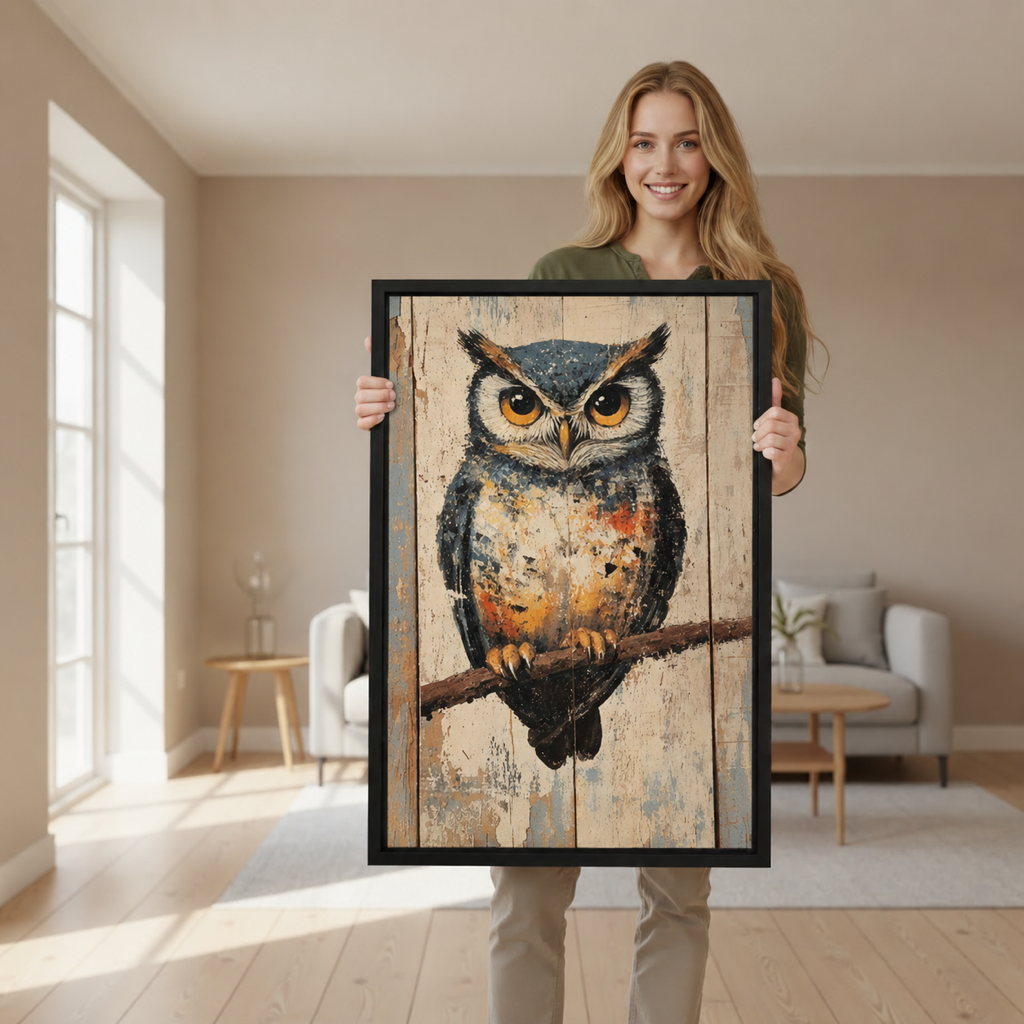 Woman holding rustic owl canvas wall art shows the complete bird portrait in a black frame.