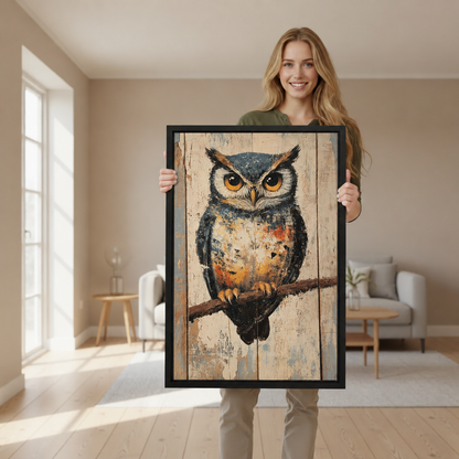 Woman holding rustic owl canvas wall art shows the complete bird portrait in a black frame.