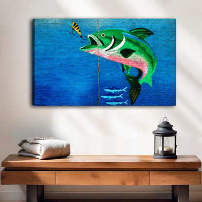 Unframed bass fishing canvas wall art shows a green fish and striped lure above a wooden console.