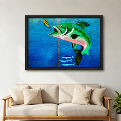 Colorful bass fishing canvas wall art hangs above a cream sofa beside a leafy indoor plant.