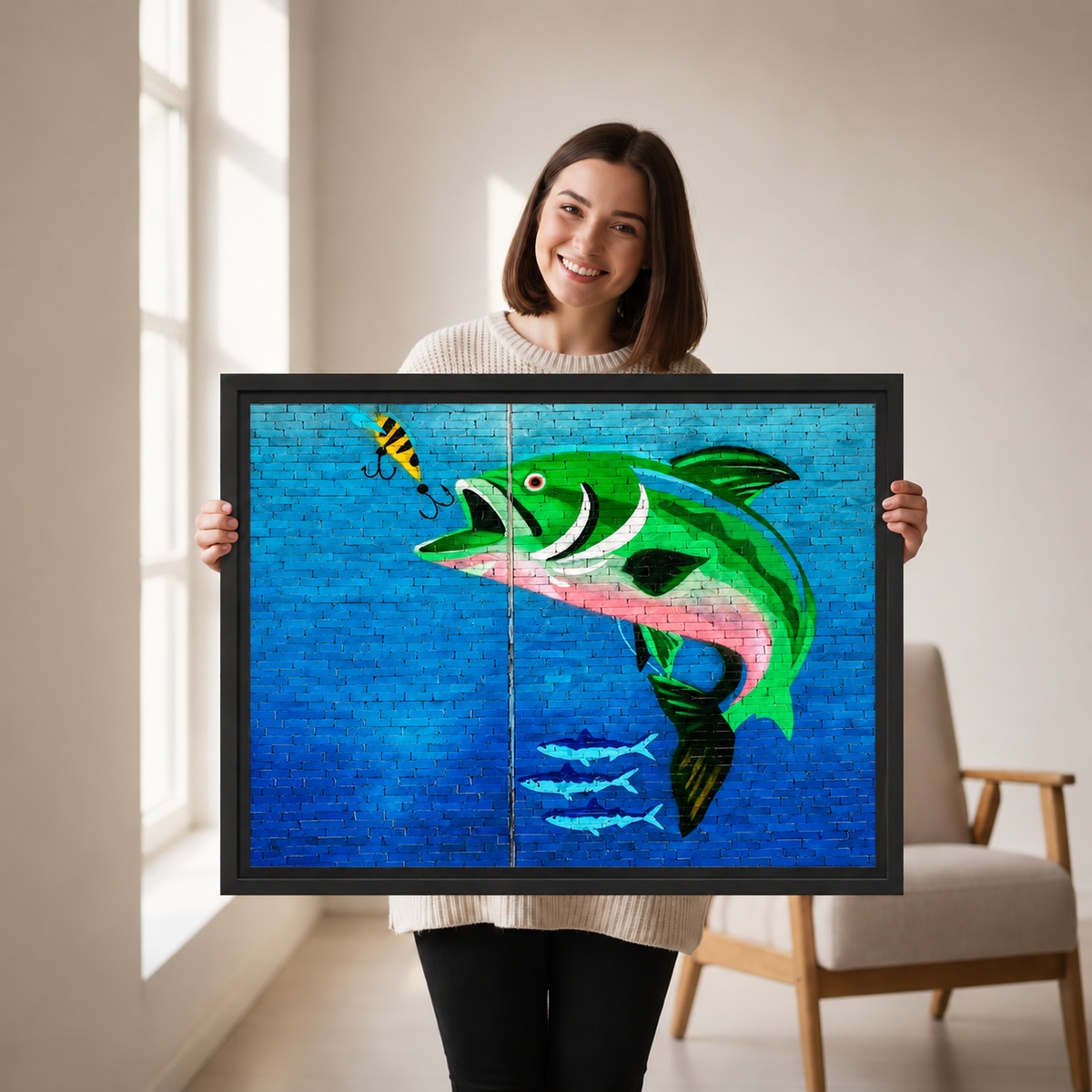 Woman holding framed bass fishing canvas wall art displays the vivid green fish and blue textured background.