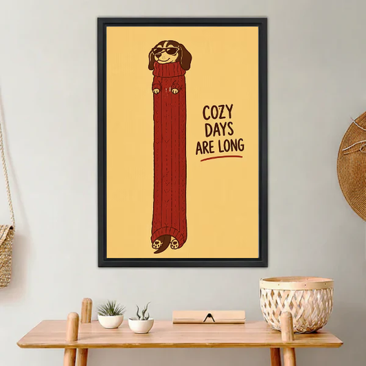 Whimsical Cozy Dachshund Canvas Wall Art L6002 — Framed canvas; warm neutral living space