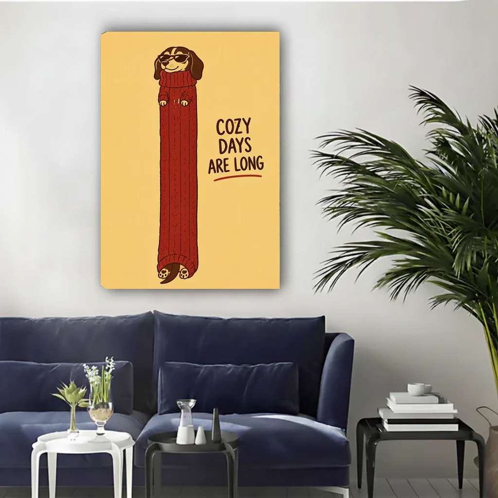 Unframed whimsical cozy dachshund canvas wall art above a navy sofa in a bright living room.